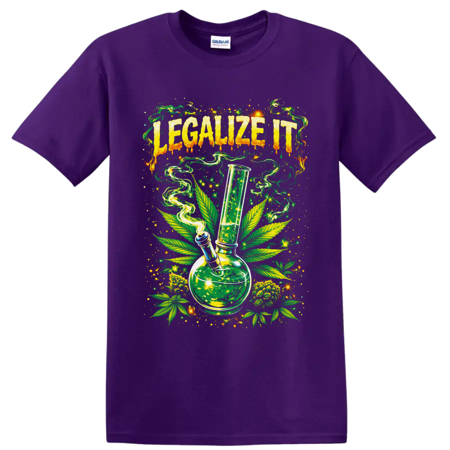 Legalize It psychedelic cannabis bong graphic with leaves, smoke, and starbursts on a Purple T Shirt
