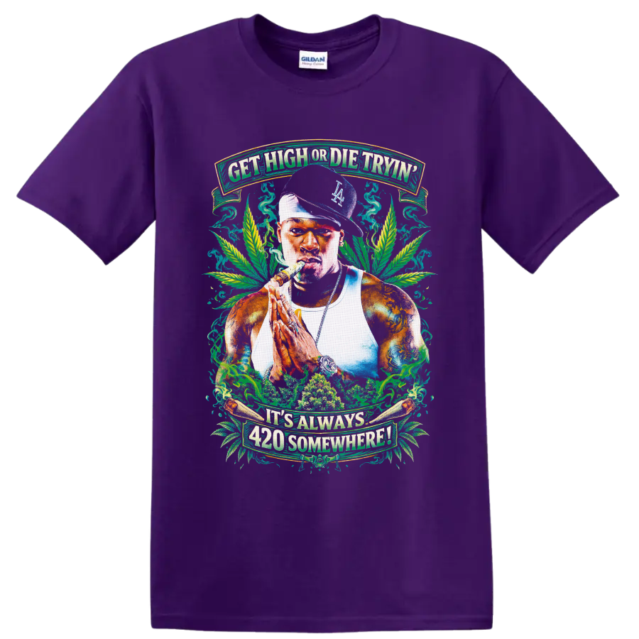 Stoner portrait with cannabis leaves, smoke, and It's Always 420 Somewhere banners on a Purple T Shirt