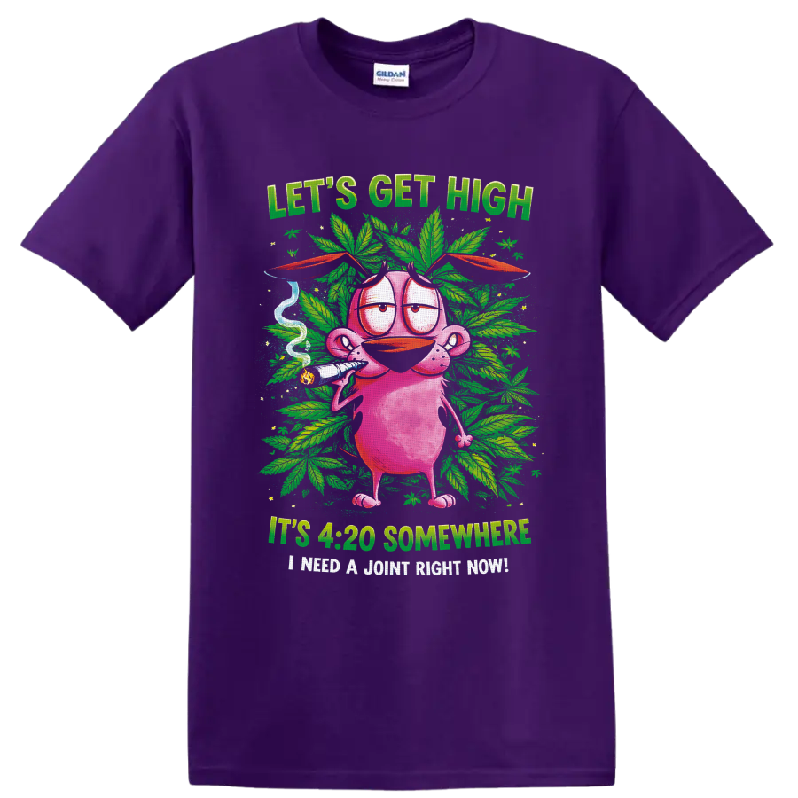 Pink cartoon character holding a joint amid cannabis leaves and 420 slogans on a Purple T Shirt
