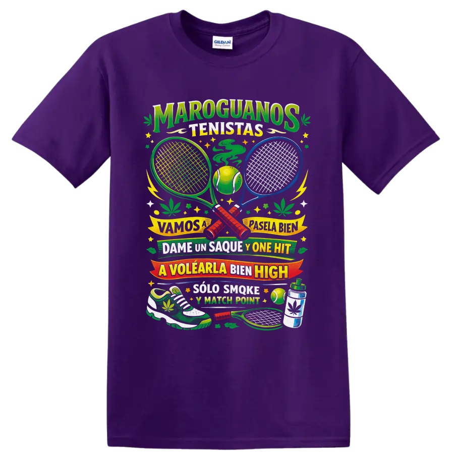 Retro cannabis tennis graphic with crossed rackets, ball, leaves, and Spanish wordplay on a Purple T Shirt