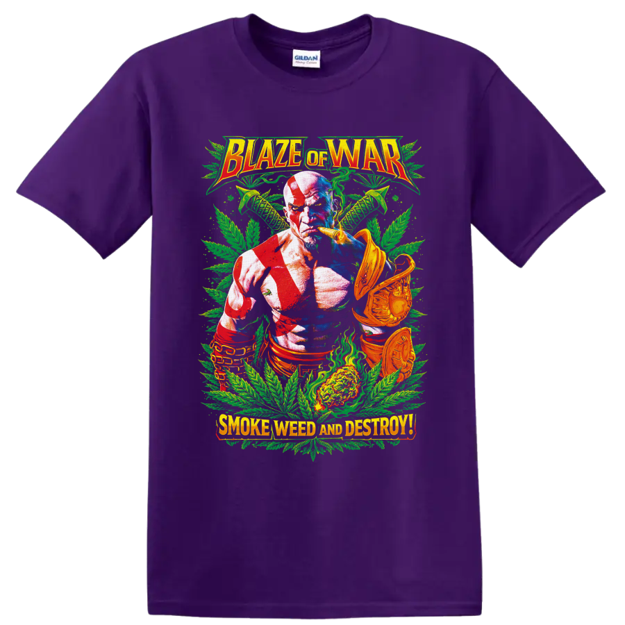 Kratos cannabis warrior graphic with green leaves and Blaze of War text on a Purple T Shirt