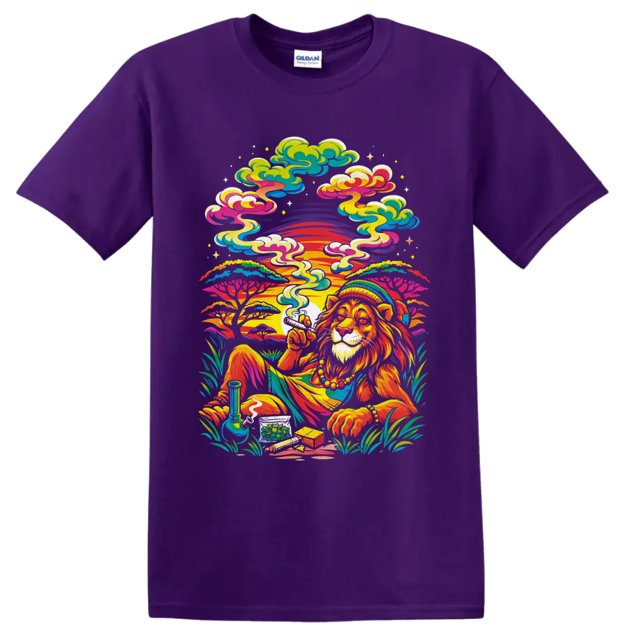 Psychedelic cannabis lion with sunset, smoke, water pipe, buds, and swirling clouds on a Purple T Shirt