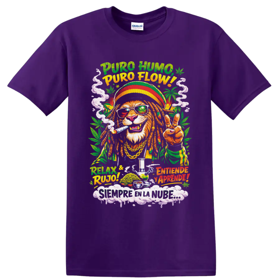 Rasta-style lion in cannabis leaf shades with smoke, peace sign, and Spanish 420 text on a Purple T Shirt