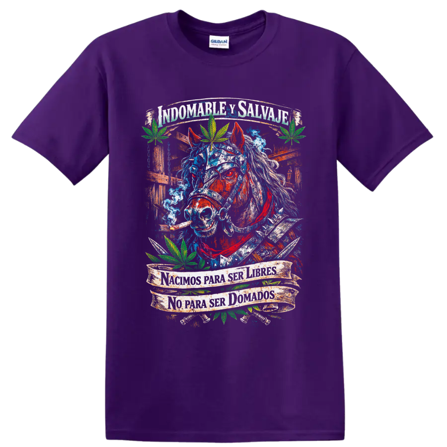 Distressed blue and red horse with cannabis leaves and Spanish freedom banners on a Purple T Shirt