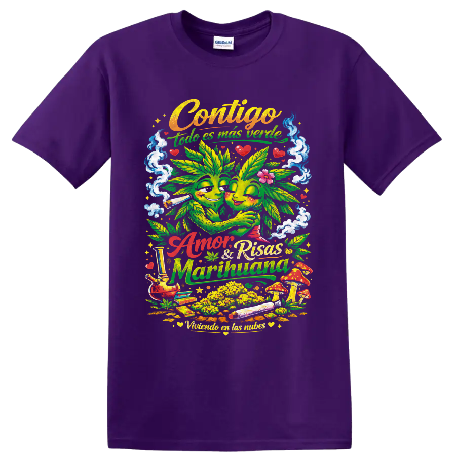 Psychedelic hugging cannabis leaf couple with mushrooms, smoke, hearts, and Spanish on a Purple T Shirt