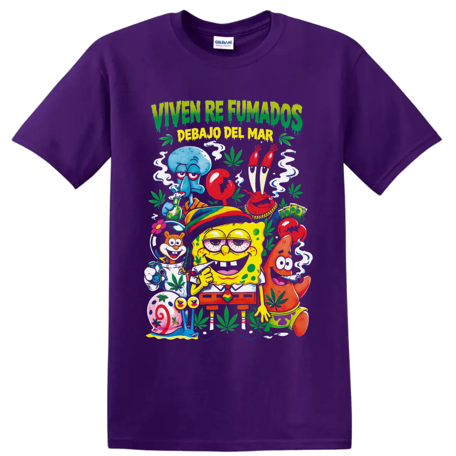 SpongeBob and Bikini Bottom friends in a colorful 420 cannabis cartoon collage on a Purple T Shirt