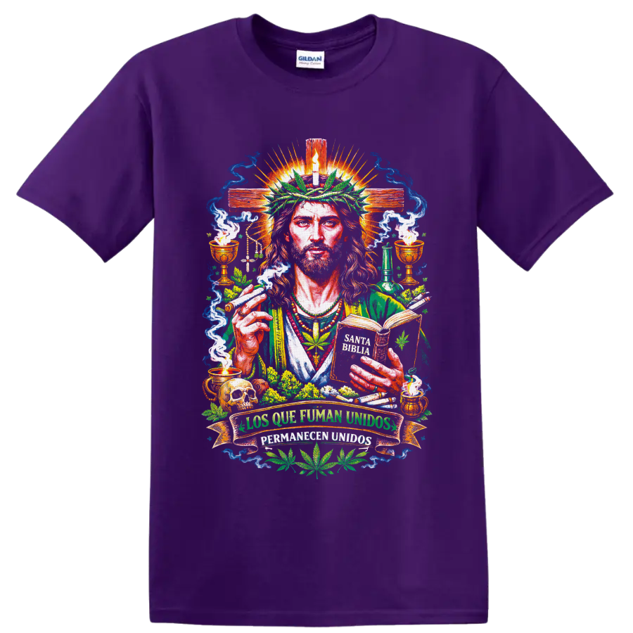 Jesus cannabis sacred art graphic with cross, leaf crown, smoke, and Spanish unity banner on a Purple T Shirt
