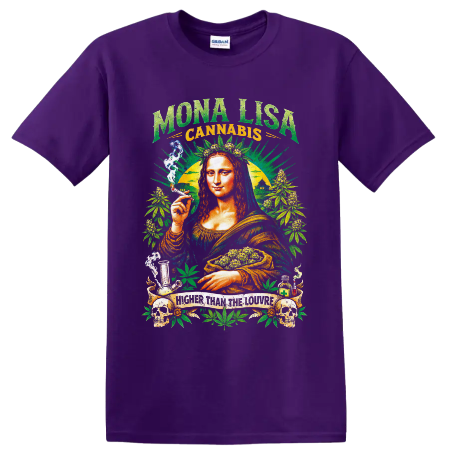 Mona Lisa cannabis collage with buds, leaves, skulls, smoke, and Higher Than the Louvre on a Purple T Shirt