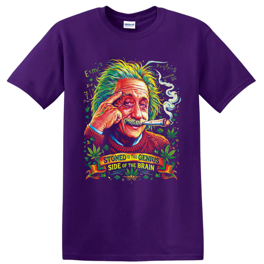 Psychedelic Albert Einstein portrait with cannabis leaves and smoke on a Purple T Shirt