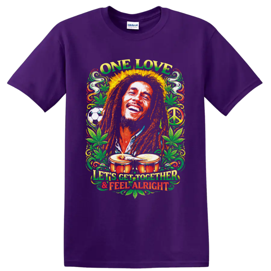 Bob Marley reggae portrait with One Love text, cannabis leaves, drums, and peace sign on a Purple T Shirt