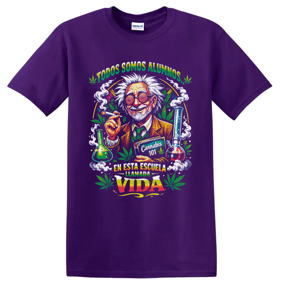 Psychedelic mad scientist Cannabis 101 graphic with leaves, smoke, and lab glassware on a Purple T Shirt