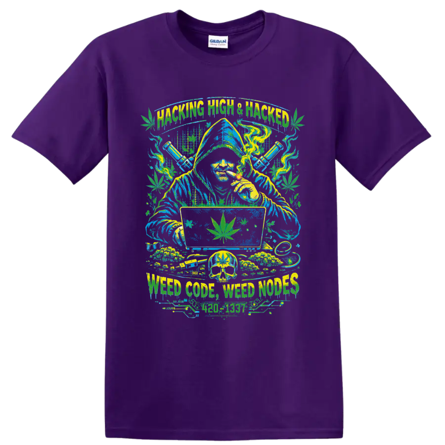 Hacking High wizard with cannabis leaves, smoke, computer, skull, and water pipes on a Purple T Shirt