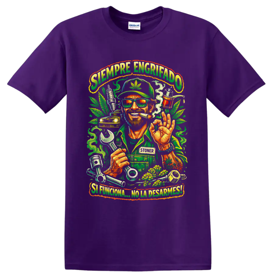 Cannabis mechanic with wrench, leaves, engine parts, and Siempre Engrifado lettering on a Purple T Shirt