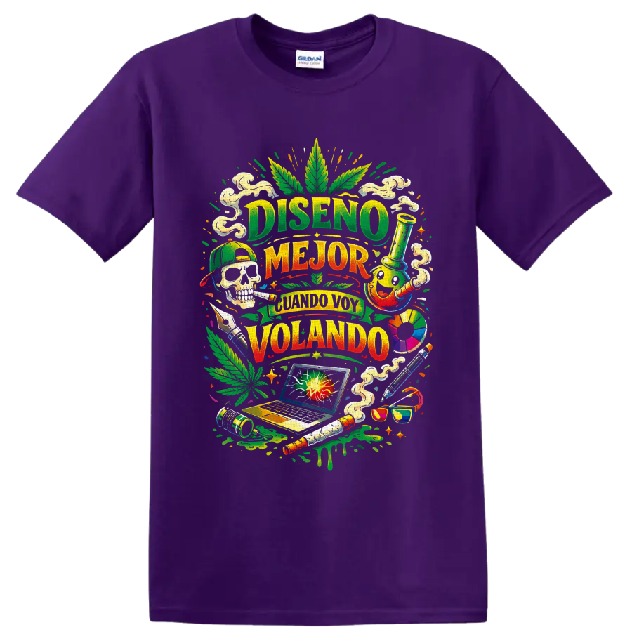 Colorful cannabis culture collage with Spanish lettering, leaf, skull, bong, and laptop on a Purple T Shirt
