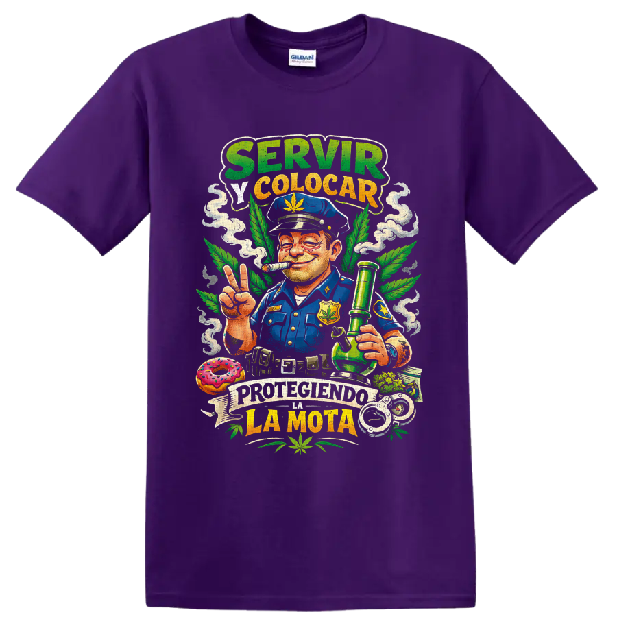 Cannabis police parody cartoon officer with bong, leaves, smoke, and Spanish text on a Purple T Shirt