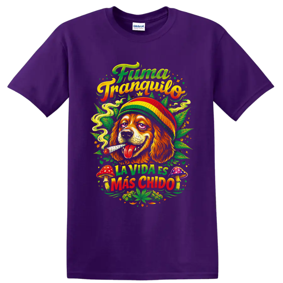 Psychedelic cannabis dog in striped hat with mushrooms and Fuma Tranquilo lettering on a Purple T Shirt