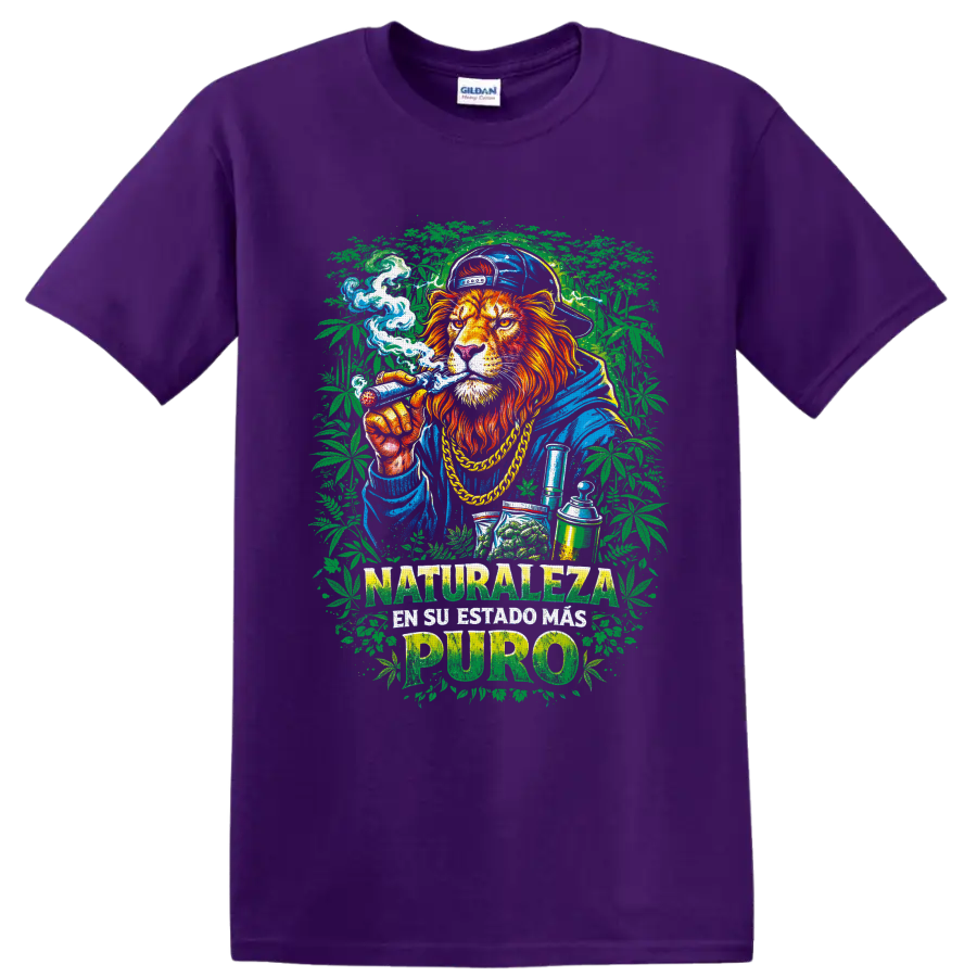 Street-art lion with cannabis leaves and Naturaleza en su estado mas puro text on a Purple T Shirt
