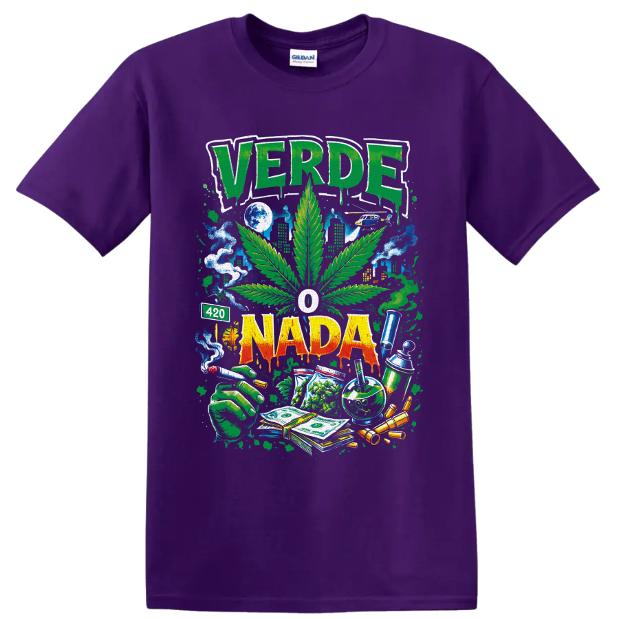 VERDE O NADA cannabis leaf street-art graphic with smoke, skyline, cash and 420 sign on a Purple T Shirt