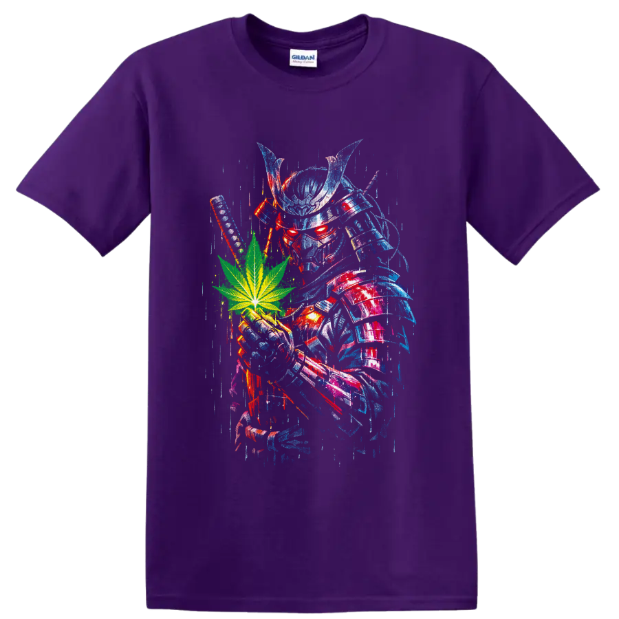 Cyber rabbit skull with green cannabis leaf in distressed blue and red glitch art on a Purple T Shirt