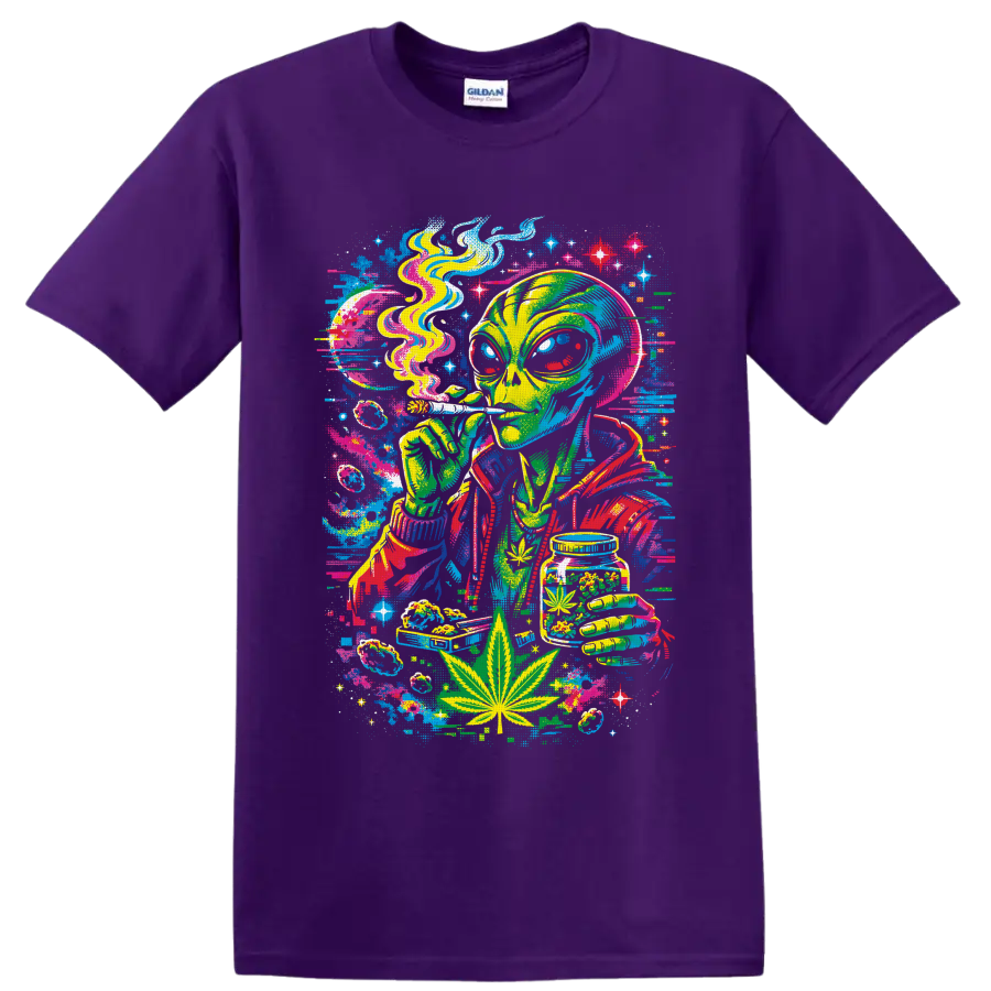 Psychedelic cannabis alien holding a smoking roll and cannabis jar in neon cosmic art on a Purple T Shirt