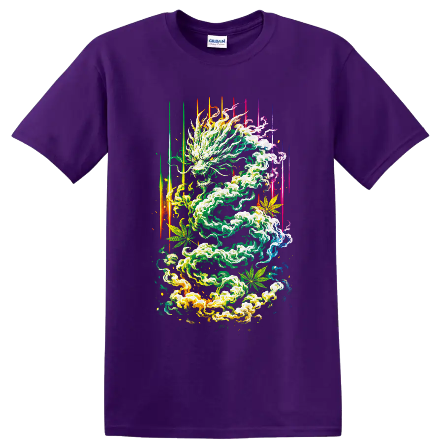 Psychedelic cannabis smoke dragon with leaves and neon light streaks on a Purple T Shirt