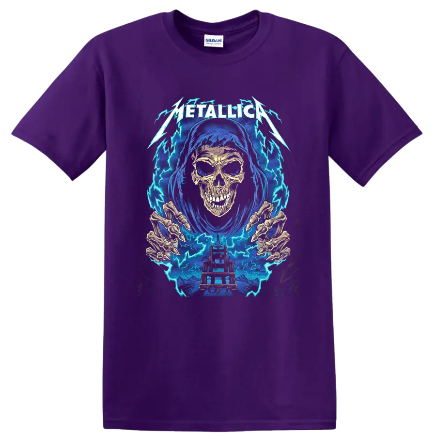 Metallica logo with hooded skull, skeletal hands, electric chair, and lightning graphic on a Purple T Shirt
