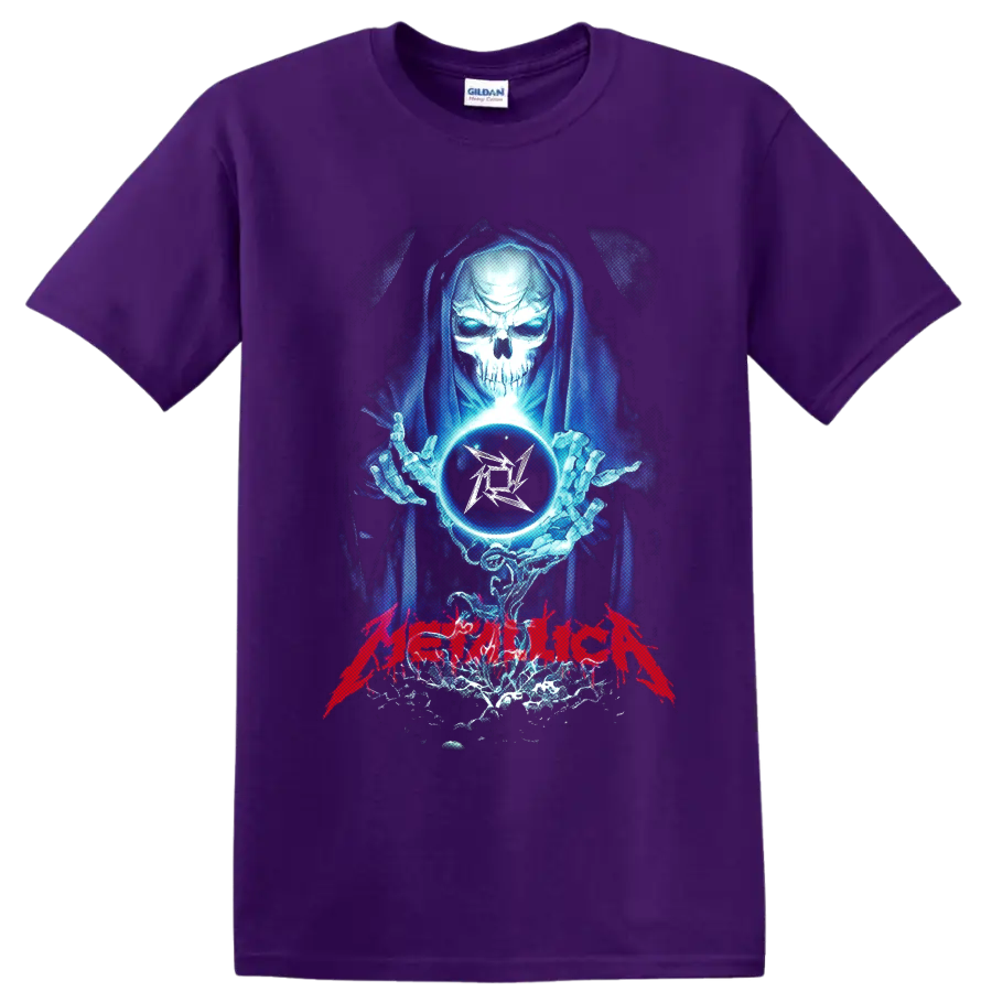 Metallica reaper with crystal ball, blue energy, and red band lettering on a Purple T Shirt