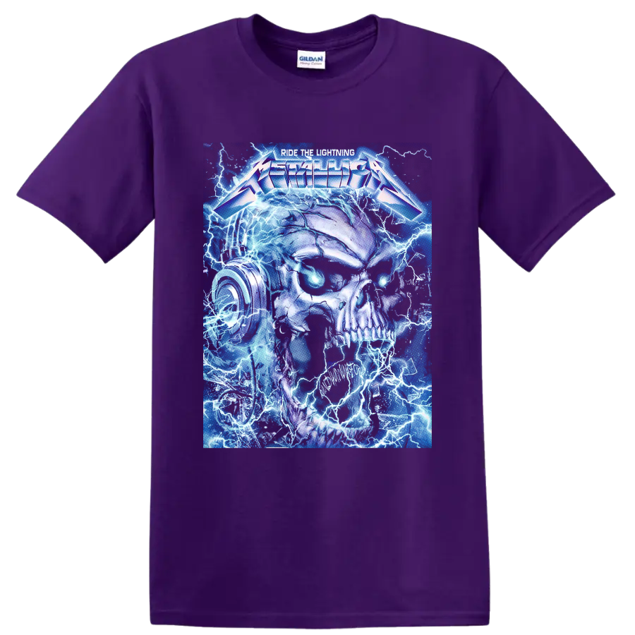 Metallica Ride the Lightning skull with blue lightning and glowing eyes on a Purple T Shirt