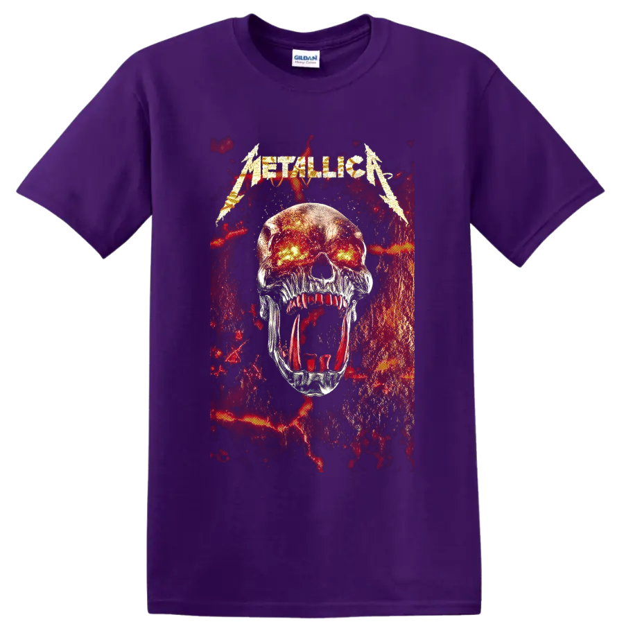 Metallica logo above a fiery-eyed skull in distressed red and black heavy metal art on a Purple T Shirt