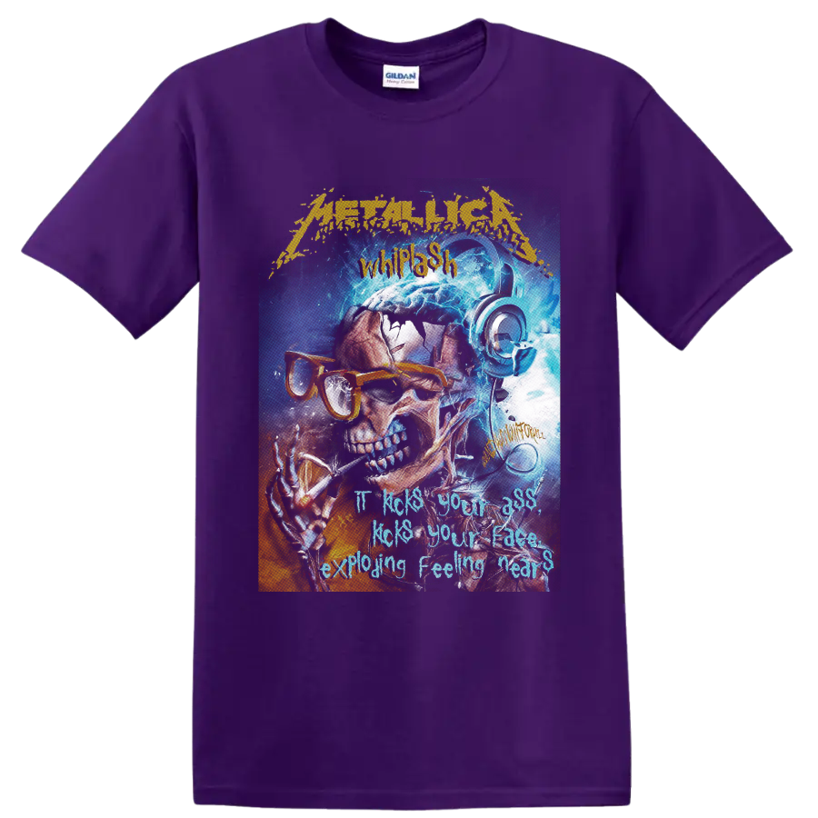 Metallica Whiplash skull in orange glasses and headphones with electric blue energy on a Purple T Shirt