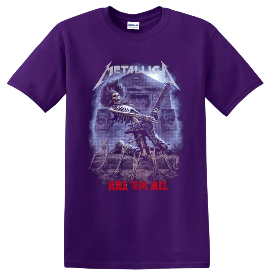 Metallica Kill 'Em All skeletal guitarist graphic with speakers and graveyard scene on a Purple T Shirt