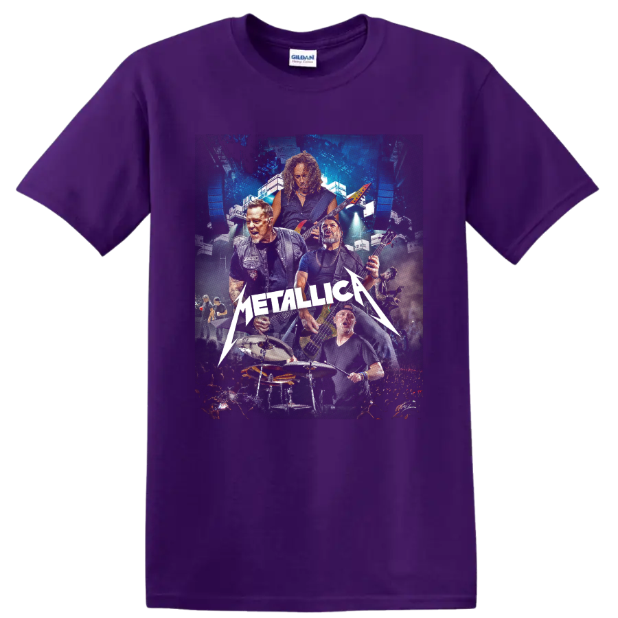 Metallica live concert collage with musicians, guitars, drums, arena lights, and logo on a Purple T Shirt