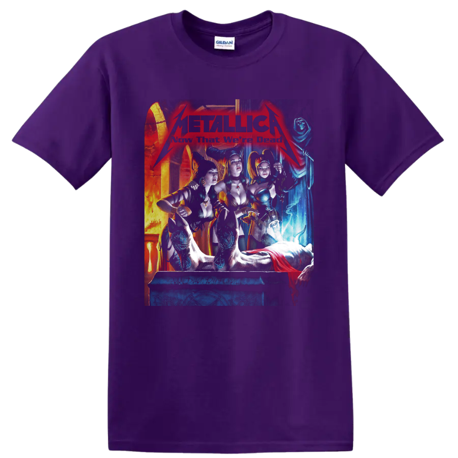 Metallica Kill 'Em All gothic horror artwork with horned women and a hooded skeleton on a Purple T Shirt