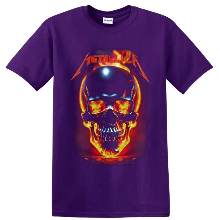 Metallica wordmark above a flaming skull with headphones and fiery sunglasses on a Purple T Shirt