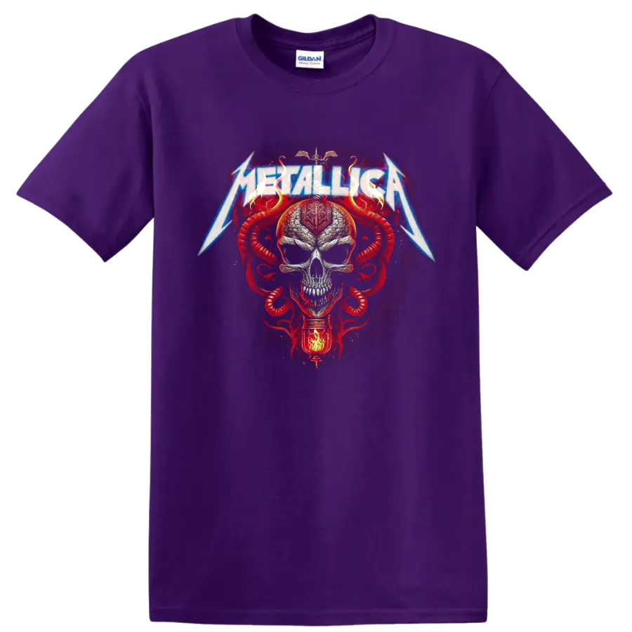 Metallica lightning logo over a skull with red serpents in gothic heavy metal art on a Purple T Shirt