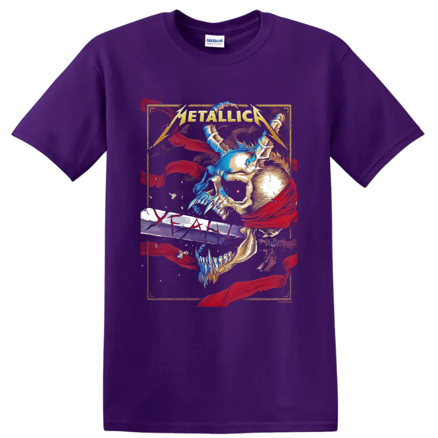 Metallica logo above skull and sword artwork with red banners and blue flame accents on a Purple T Shirt