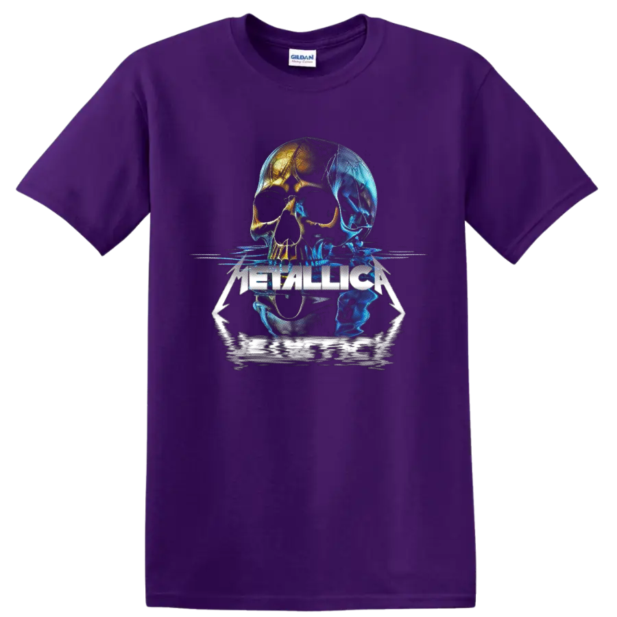Metallica neon skull graphic with blue and gold reflections and sharp logo lettering on a Purple T Shirt