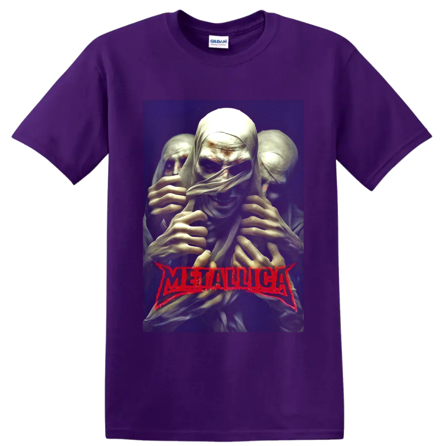 Metallica mummy horror art with three wrapped figures and red band logo on a Purple T Shirt