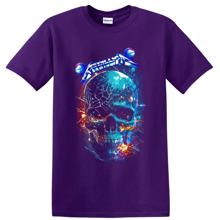 Metallica logo above an electric cosmic skull with planets, stars, and fiery space art on a Purple T Shirt
