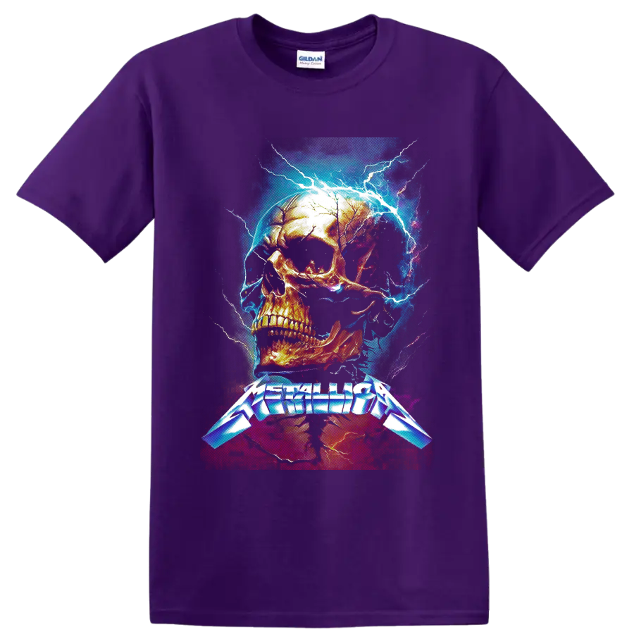 Metallica logo beneath a fiery skull with electric blue lightning on a Purple T Shirt