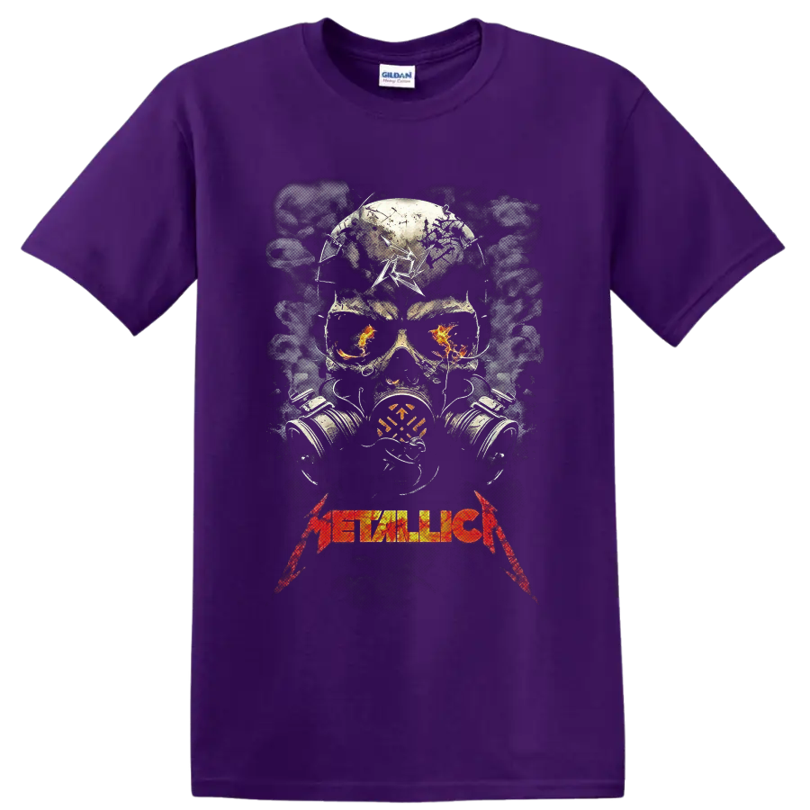 Metallica distressed skull in gas mask with flames, smoke, and band logo on a Purple T Shirt