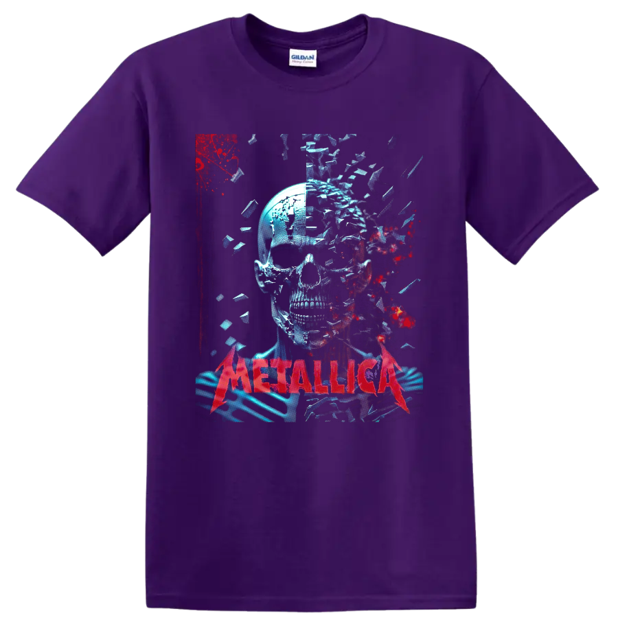 Metallica shattered skull graphic with blue fragments, red splatter, and red band on a Purple T Shirt