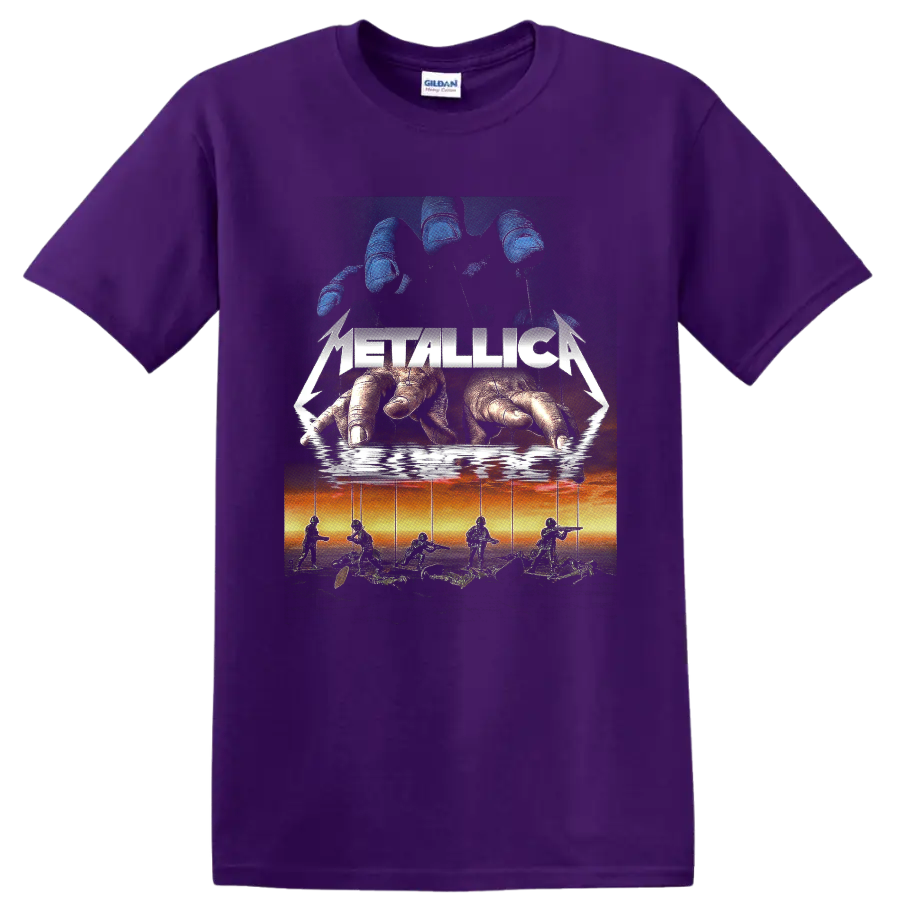 Metallica logo over giant hands controlling soldier marionettes in surreal rock art on a Purple T Shirt