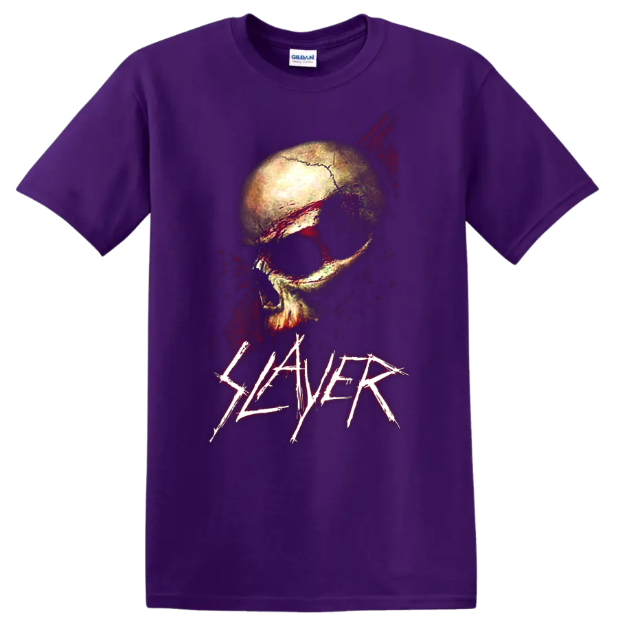 Distressed skull graphic with red splatter details and Slayer logo on a Purple T Shirt