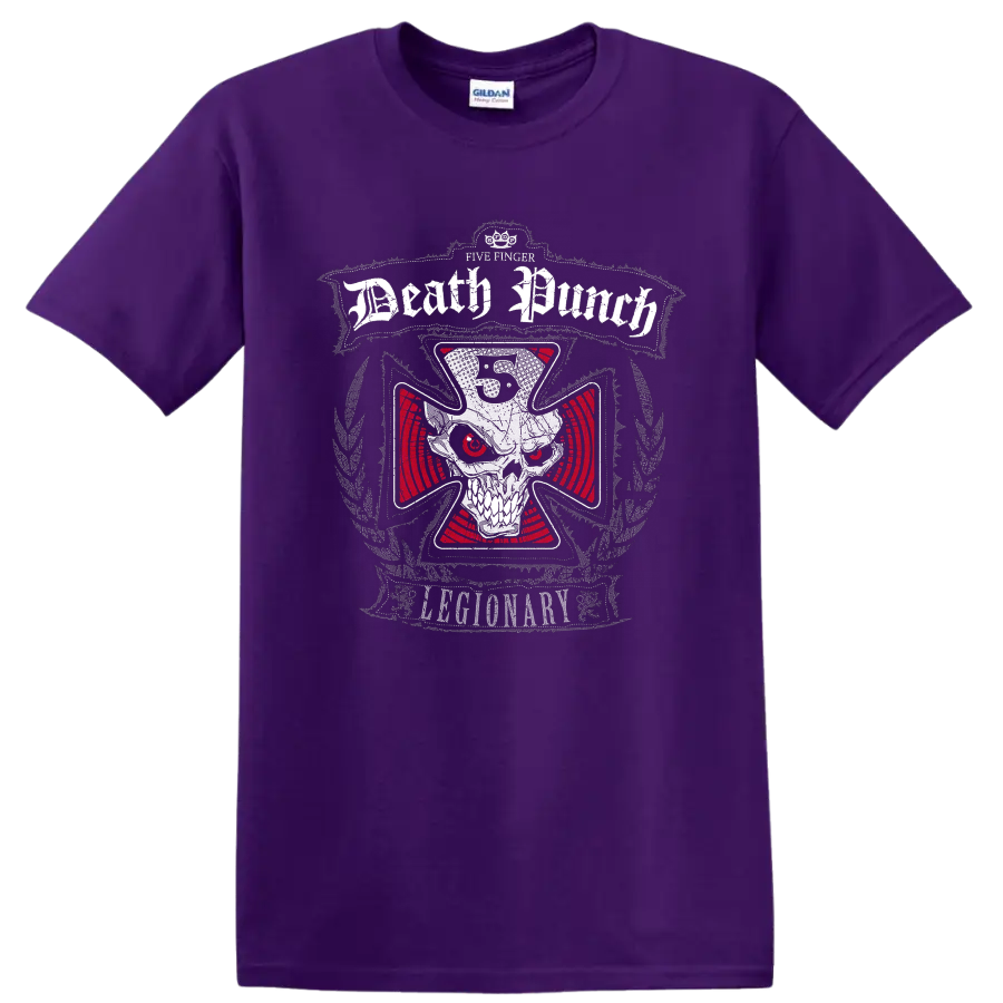 Five Finger Death Punch Legionary skull graphic with red eyes and distressed lettering on a Purple T Shirt