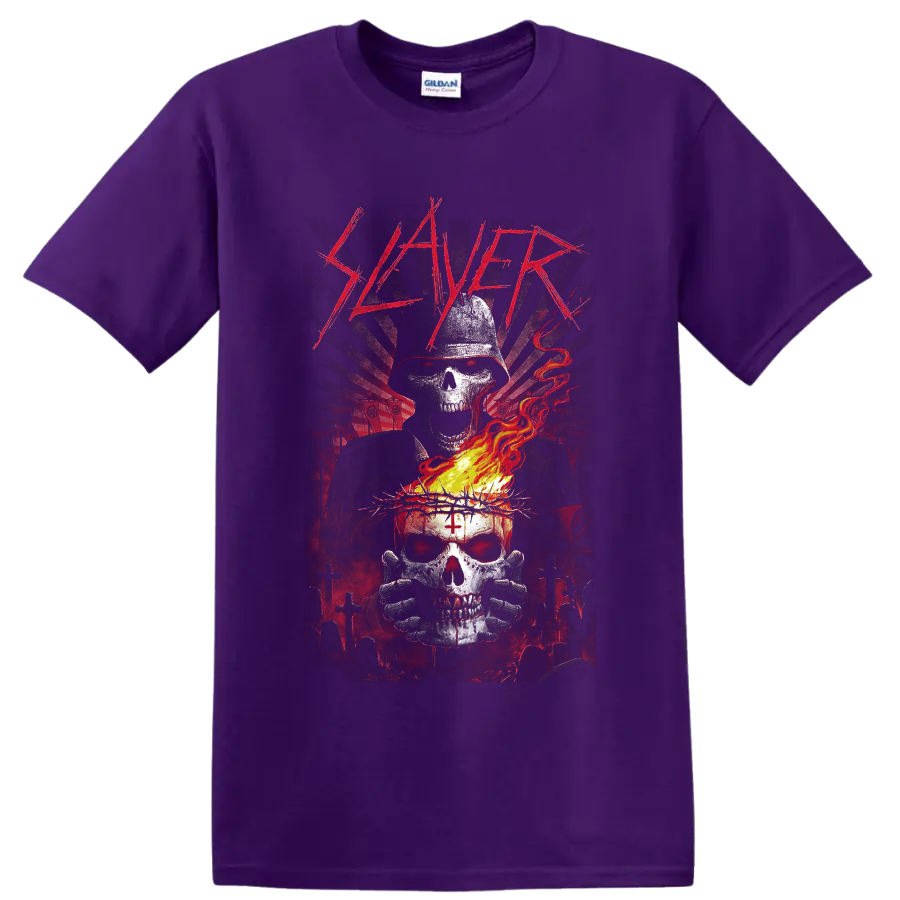 Slayer logo above hooded reaper and flaming skull in gothic graveyard art on a Purple T Shirt