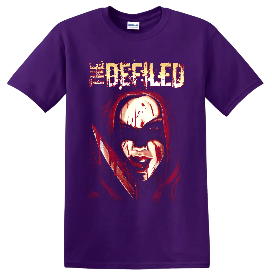 Defiled distressed logo above a blood-streaked figure holding a dripping blade on a Purple T Shirt