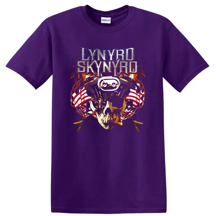 Lynyrd Skynyrd metallic logo above goggled skull, flames, and American flag graphic on a Purple T Shirt