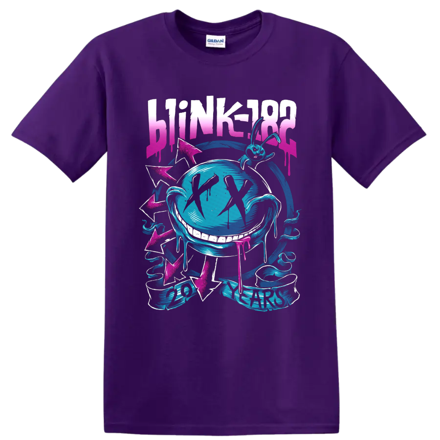 Blink-182 20 Years neon bunny and grinning face with pink arrows and drips on a Purple T Shirt