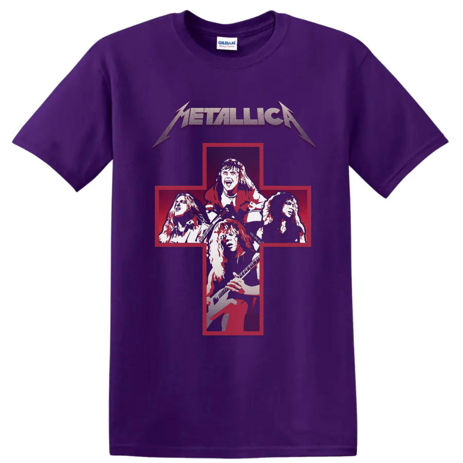 Metallica Cliff ’Em All distressed red cross band portrait graphic on a Purple T Shirt